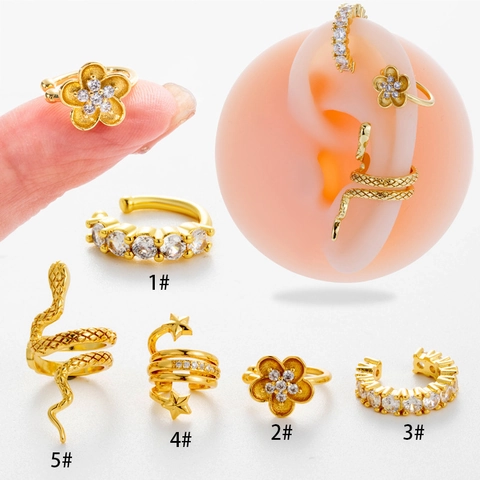 Orecchini Clip Rame Zircone Intarsiato Serpente Fiore Stella Senza Buco Cartilagine Gioielli Vintage Donna