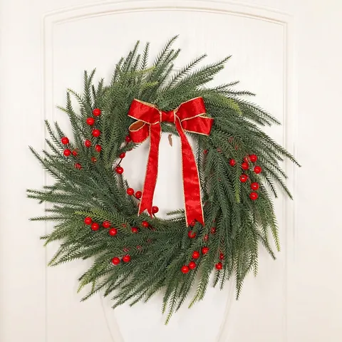 Christmas Wreath PE Pine Needle Rattan Ring Red Berries Velvet Bow Front Door Wall Hanging Festive Home Decoration