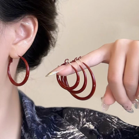 Orecchini A Cerchio Retro Rosso Scuro Con Perno In Argento Accessori Gioielli Di Moda Di Alta Classe Per Donna