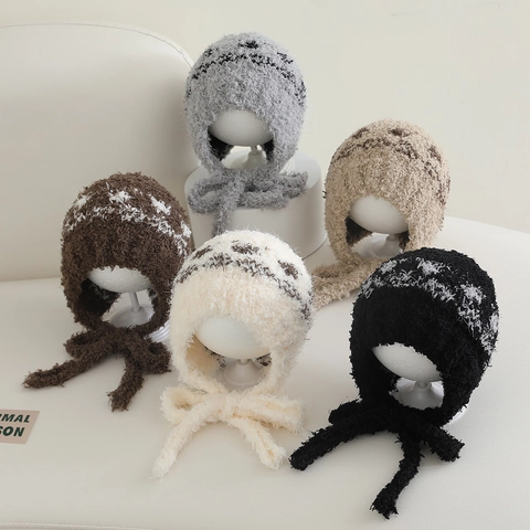 Kinder Ohrenschutzmütze Plüsch Strick Warm Winddicht Winter Outdoor Ethnisch Jacquard Schnürbeanie Für Jungen Und Mädchen