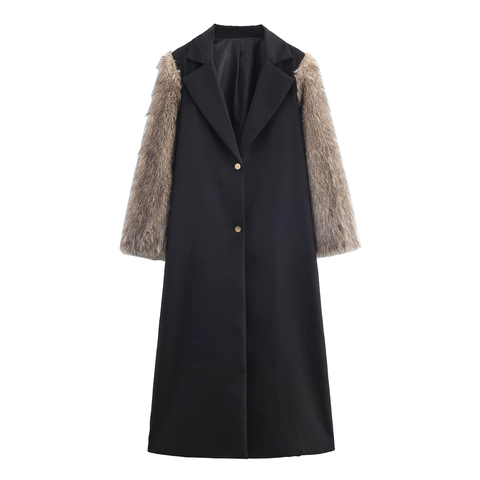 Women Long Overcoat Faux Fur Patchwork Sleeves Lapel Metal Buttons Contrast Color Streetwear Fashion Jacket