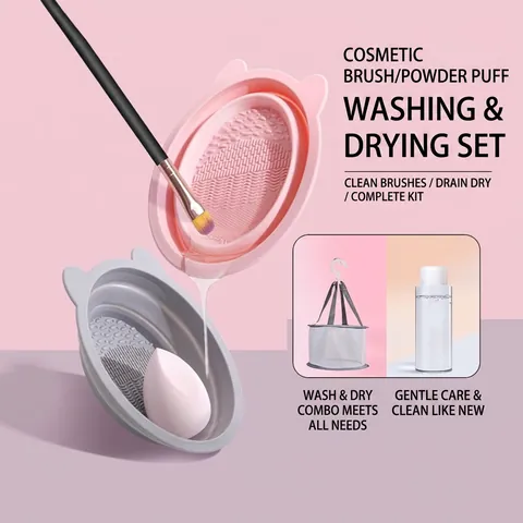 Silicone Makeup Brush Cleaner Bowl Foldable Cosmetic Sponge Cleaning Tool With Hanging Drying Mesh Bag Cat Ear Design