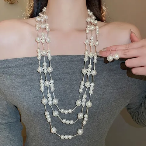 Elegant Multi-Layer Imitation Artificial Pearl Necklace Bracelet Earrings With Silver Earring Post Alloy Rhinestone For Women