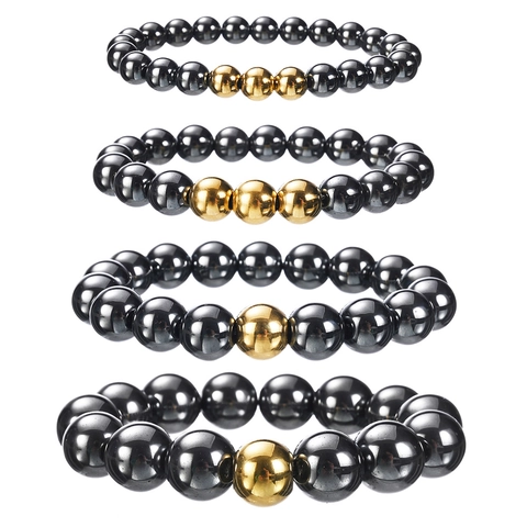 Men Beaded Bracelet Hematite Stainless Steel Elastic Hip Hop Style Waterproof Minimalist Jewelry Accessory