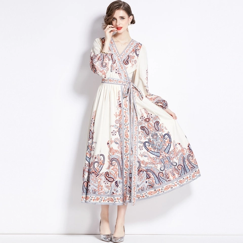 Vestito Maxi Vintage Con Stampa Paisley Da Donna Scollo A V Maniche Lunghe A Lanterna Vita Annodata Boho Elegante