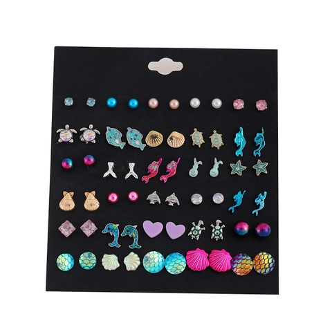 Pendientes Botón Tema Océano Aleación Resina Perla Artificial Falsa Poste Acero Inoxidable Delfín Tortuga Mar Estrella Para Mujeres