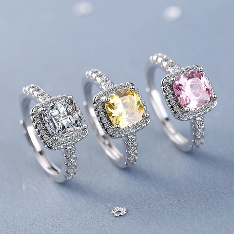 Anillo Ajustable Circonita Corte Cojín Cuadrado Halo Cobre Lujo Boda Fiesta Joyería Para Mujeres