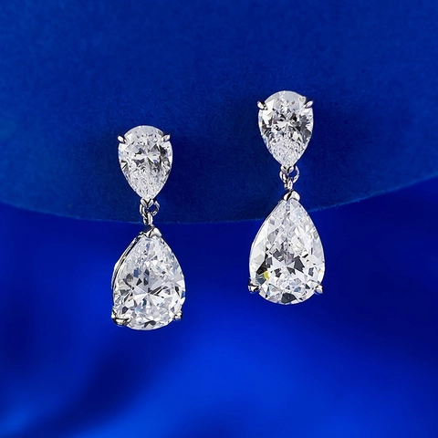 925 Argento Sterling Goccia d'Acqua Orecchini a Bottone Donna Elegante Doppio Strato Taglio a Pera Strass Intarsiato Orecchini Gioielli