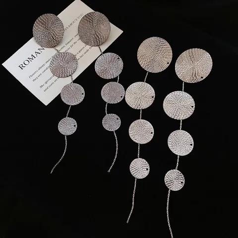 Pendientes Largos Geométricos De Metal Texturizado Con Poste De Plata Círculos Múltiples Joyería De Moda Para Mujeres