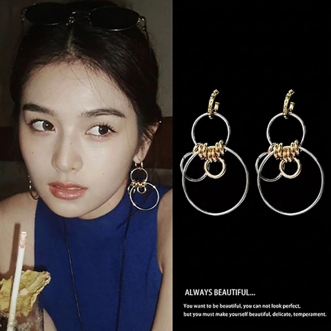 Geometric Multi Circle Dangle Earrings With 925 Sterling Silver Earring Post Two Tone Gold Silver Hollow Fashion Jewelry