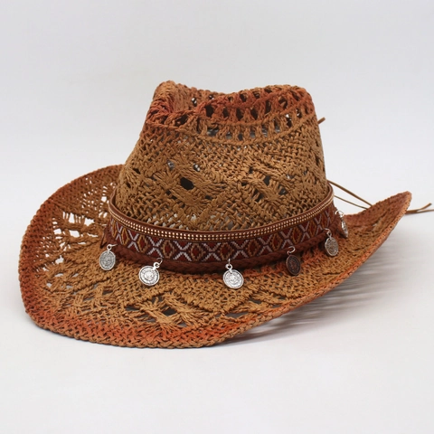 Cappello da Cowboy in Paglia di Carta Intrecciato a Mano Con Fascia Ricamata Etnica Monete di Metallo Cappello da Sole Boemo