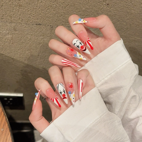 Circus Clown Theme Press On Nails Long Stiletto Hand Painted 3D Beads Red White Stripes Polka Dots Manicure Art