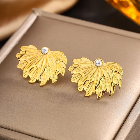 Orecchini A Lobo Foglia Vintage Placcato Oro 18K Acciaio Inossidabile Con Turchese Perla Artificial Forma Ventaglio Gioielli Donna