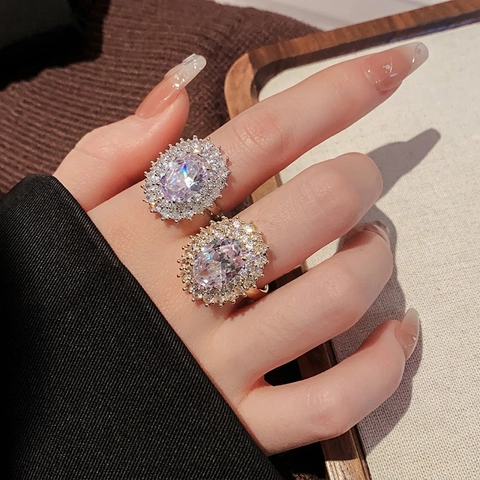 Anillo Ajustable Mujer Circón Ovalado Doble Halo Cobre Chapado En Oro Joyería De Lujo Moda Diseño Exquisito Elegante