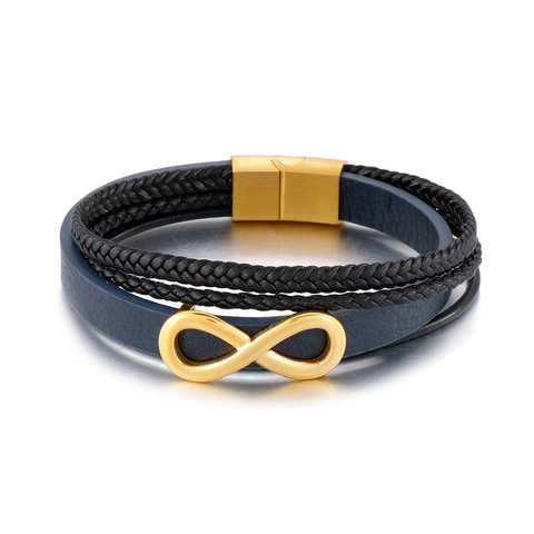 Bracciale Uomo Multistrato In Pelle Intrecciata Simbolo Infinito In Acciaio Inossidabile Chiusura Magnetica Gioiello Punk
