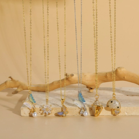 Collana Con Ciondolo Animale in Rame Zirconia Farfalla Fungo Conchiglia Fiore Perla Artificiale Collane Donna Gioielli