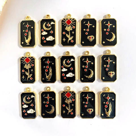 Alloy Enamel Tarot Card Pendants Rectangular Mystical Celestial Moon Star Eye For DIY Jewelry Making Necklace Earrings