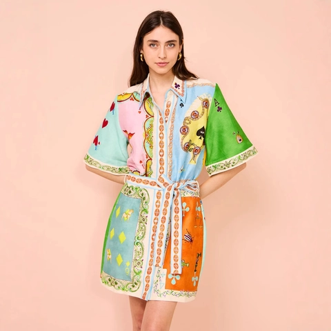 Damen Polyester Druck Hemdkleid Kurzarm Reverskragen Pokermuster Farbblock Urlaub Mini Kleid Mit Gürtel
