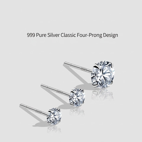 Orecchini a Bottone in Argento Sterling S999 per Donna Semplice Zirconia Incastonata a Quattro Rebbbi Tondi Minimalista Gioielli Piercing Ipoallergenici