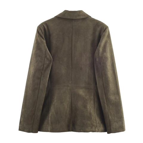 Dames Blazer Van Imitatiesuède Dubbele Rij Knopen Reverskraag Lange Mouwen Olijfgroen Elegante Casual Jas Kantoor