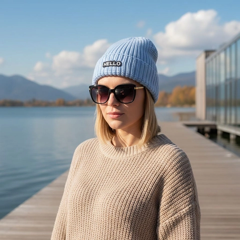 Berretto In Maglia Beanie Acrilico Caldo Inverno Esterno Casual Patch Hello Colore Solido Per Uomo E Donna