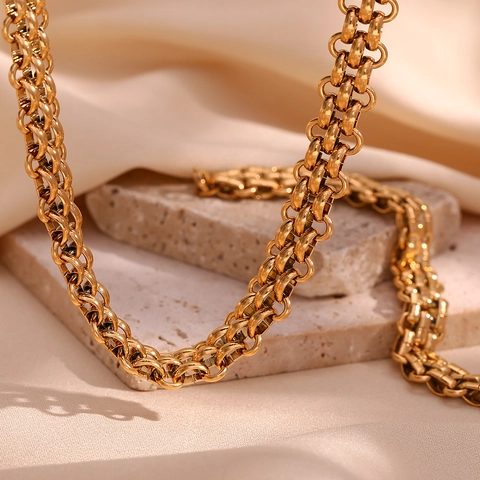 Ensemble Collier et Bracelet en Acier Inoxydable Plaqué Or 18K pour Femmes Chaîne Tissée Bijoux Géométriques Minimalistes