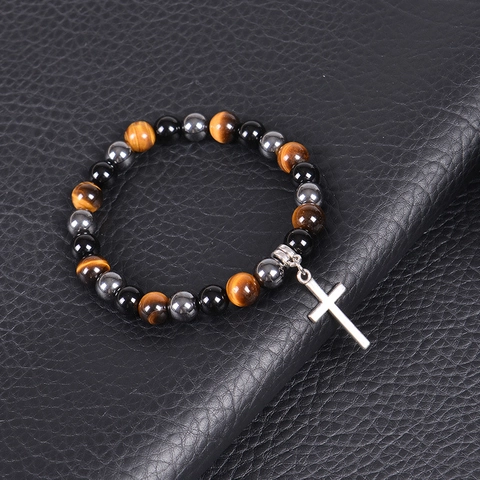 Pulsera De Cuentas Ojo De Tigre Obsidiana Hematita Retro Con Colgante De Cruz Metal Magnético Piedra Natural Elástico Regalo