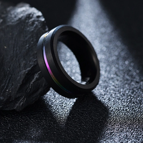 Anello in Acciaio al Titanio Nero con Scanalatura Arcobaleno per Uomo Finitura Opaca Spazzolata Fede Nuziale Gioielli Quotidiani