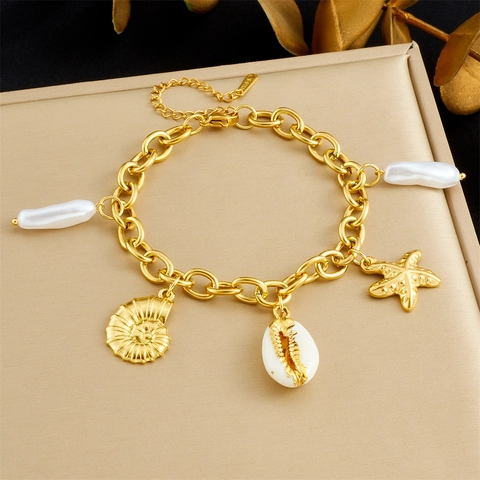 Pulsera De Dijes Temática Del Océano Acero Inoxidable Chapado En Oro Perla Barroca Artificial Caracol De Mar Estrella De Mar Joyería
