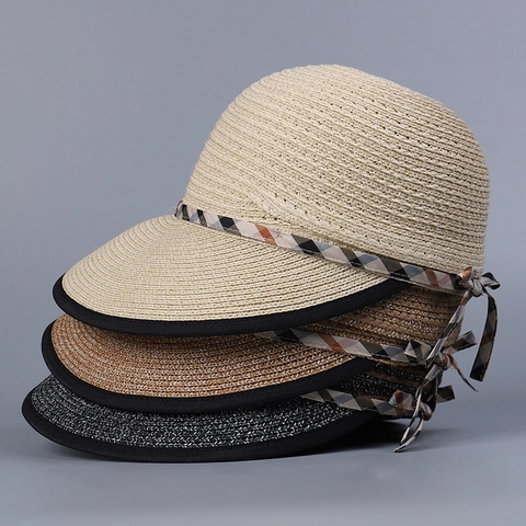 Women Straw Sun Hat Elegant Paper Braided Peaked Cap With Plaid Ribbon Bow Foldable Breathable Wide Brim Beach Hat