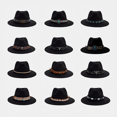 Black Fedora Hat For Women Men Wide Brim Felt Panama Hat With Western Cowboy Bull Head Bohemian Bead Shell Decoration