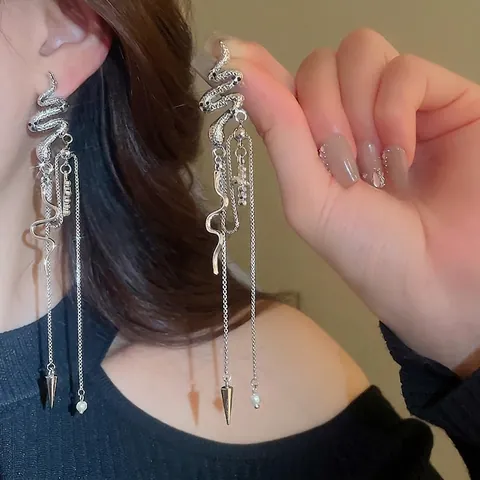 Snake Tassel Dangle Earrings With Silver Earring Post Alloy Rhinestone Cross Heart Artificial Pearl Gothic Punk Jewelry For Women