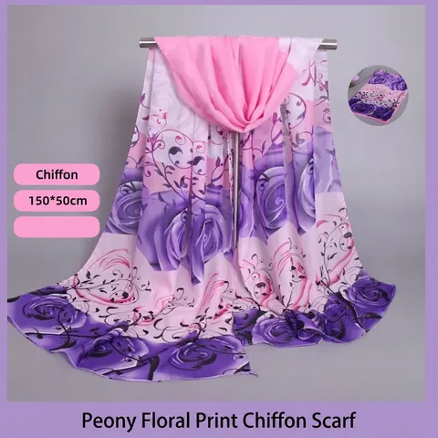 Chiffon Schal Mit Blumendruck Leicht Dünn Halbtransparent Pfingstrose Rosenmuster Halstuch Für Damen