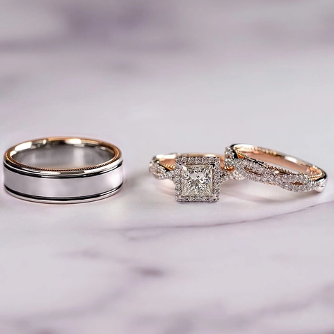 Copper Cubic Zirconia Princess Cut Halo Engagement Ring And Twisted Band Jewelry For Women Elegant Bridal Wedding Accessory