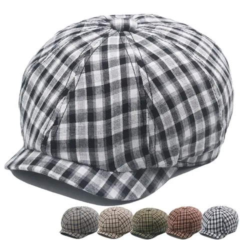 Classic Newsboy Cap Plaid Cotton Breathable Retro Flat Beret Hat For Men Women Outdoor Sun Protection Adjustable