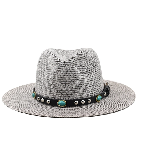 Summer Wide Brim Straw Fedora Hat Sun Protection Bohemian Style Turquoise Decor Vintage Beach Travel Accessories
