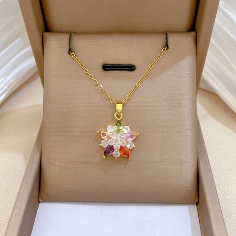 Kleurrijke Bloem Hanger Ketting Roestvrijstalen Ketting Koper Veelkleurige Zirconia Glamoureuze Sieraden Voor Dames