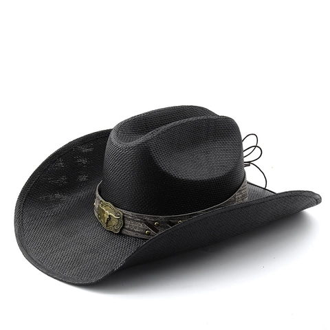 Sombrero De Vaquero Occidental Paja De Papel Trenzado Ala Ancha Protección Solar Hebilla Cabeza De Toro Retro Playa