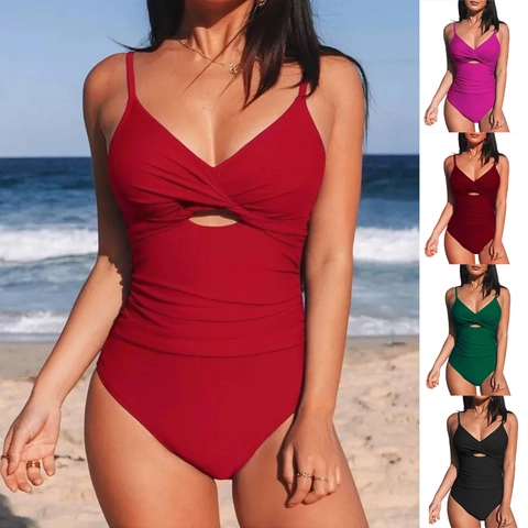 Monokini Swimsuit For Women Twist Knot Cutout Spaghetti Straps Ruched Tummy Control Solid Sexy Swimwear