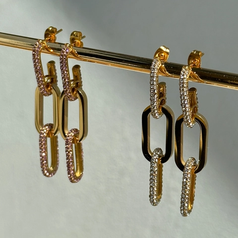Vintage Gold Galvanisiert Titanstahl Geometrisch Rechteckig Kette Ohrhänger Mit 18K Gold Stift Strass Ohrringe