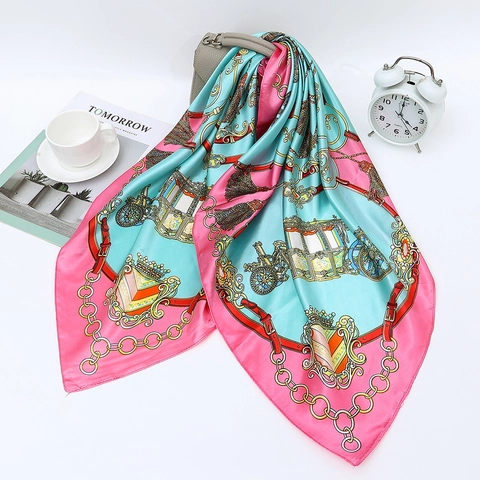 Satin Square Scarf Carriage Chain Print Luxury Head Wrap For Women