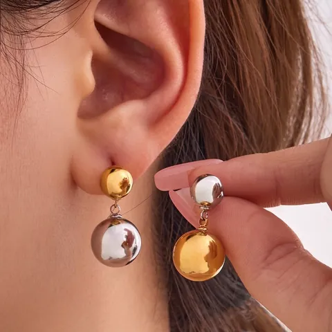 Minimalist Stainless Steel Hollow Round Ball Drop Earrings PVD 18K Gold Plated Bicolor Mirror Polished For Women