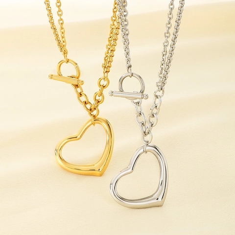 Collana Bracciale Acciaio Inossidabile Ciondolo Cuore Cavo Chiusura T Catena Doppio Strato Gioielli Minimalisti Donne