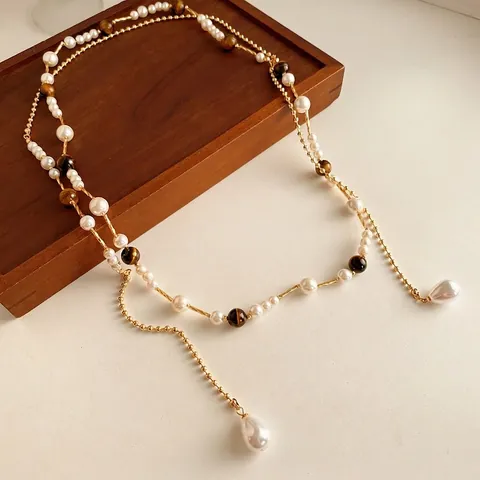 Vintage Lange Pulloverkette Halskette Mit Tigerauge Und Künstlichen Künstliche Perlen Vergoldetes Metall Retro Eleganter Stil Für Damen