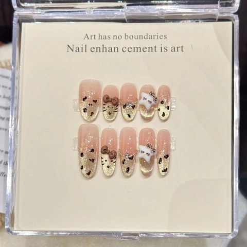 Handgefertigte Künstliche Nägel Leopardenmuster 3D Schleife Katzenkopf Katzenauge Französischer Farbverlauf Nude Pink Elegant Für Frauen