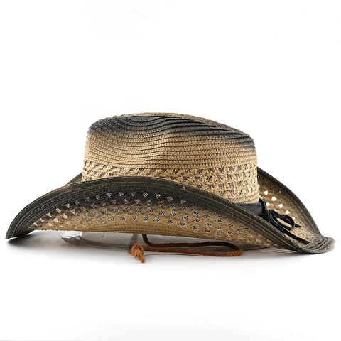 Cappello Da Cowboy In Paglia Western Vintage Sfumato Carta Tesa Larga Protezione Solare Con Testa Di Toro In Metallo