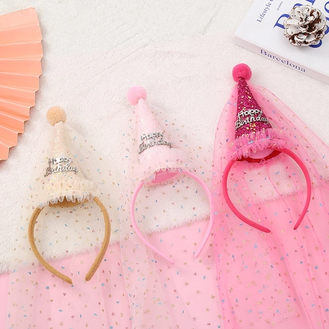 Happy Birthday Party Headband With Glitter Mini Cone Hat And Polka Dot Mesh Veil For Kids Cute Hair Accessories