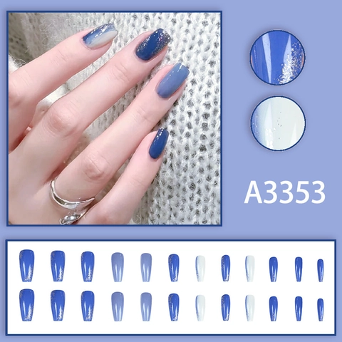 Press On Nagels Gradiënt Blauw Wit Lange Doodskistvorm Kunstnagels Valse Nageltips Glitter Elegant