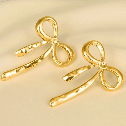 Orecchini a Bottone a Fiocco in Acciaio Inossidabile 304 Moda da Donna Placcati in Oro 18K Argento Texture Martellata Gioielli
