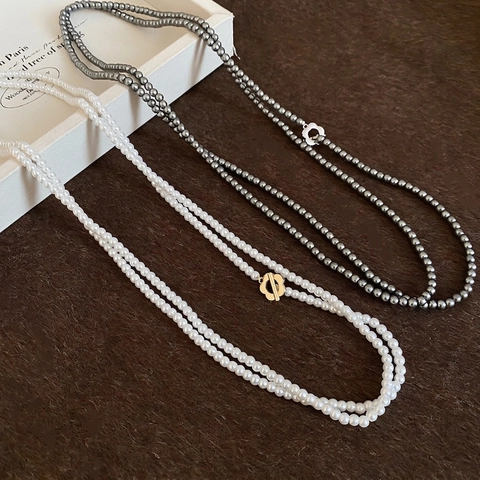 Collana Lunga A Più Strati In Stile Francese Vintage Da Donna Con Künstliche Perle Di Vetro E Chiusura Floreale In Rame Catena Maglione